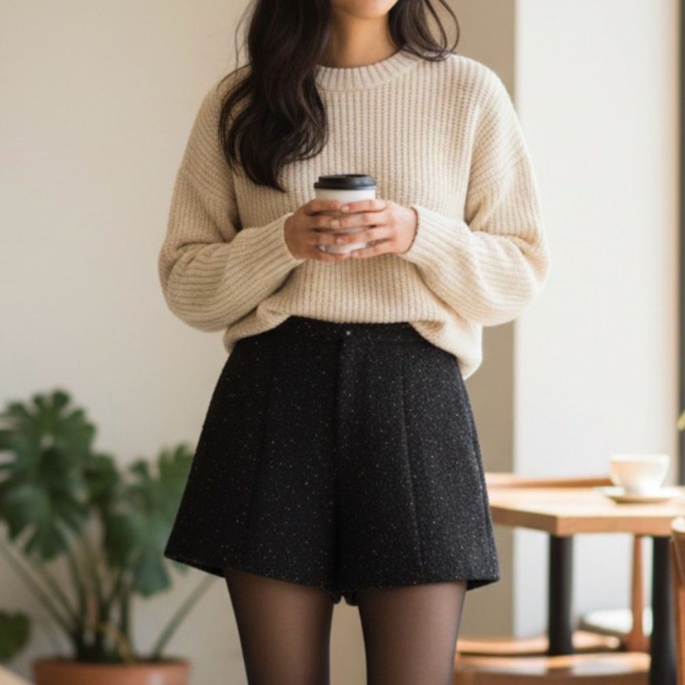 ✔️ 1.State Black High-Waist Wool Blend Shorts with Metallic Gold Thread